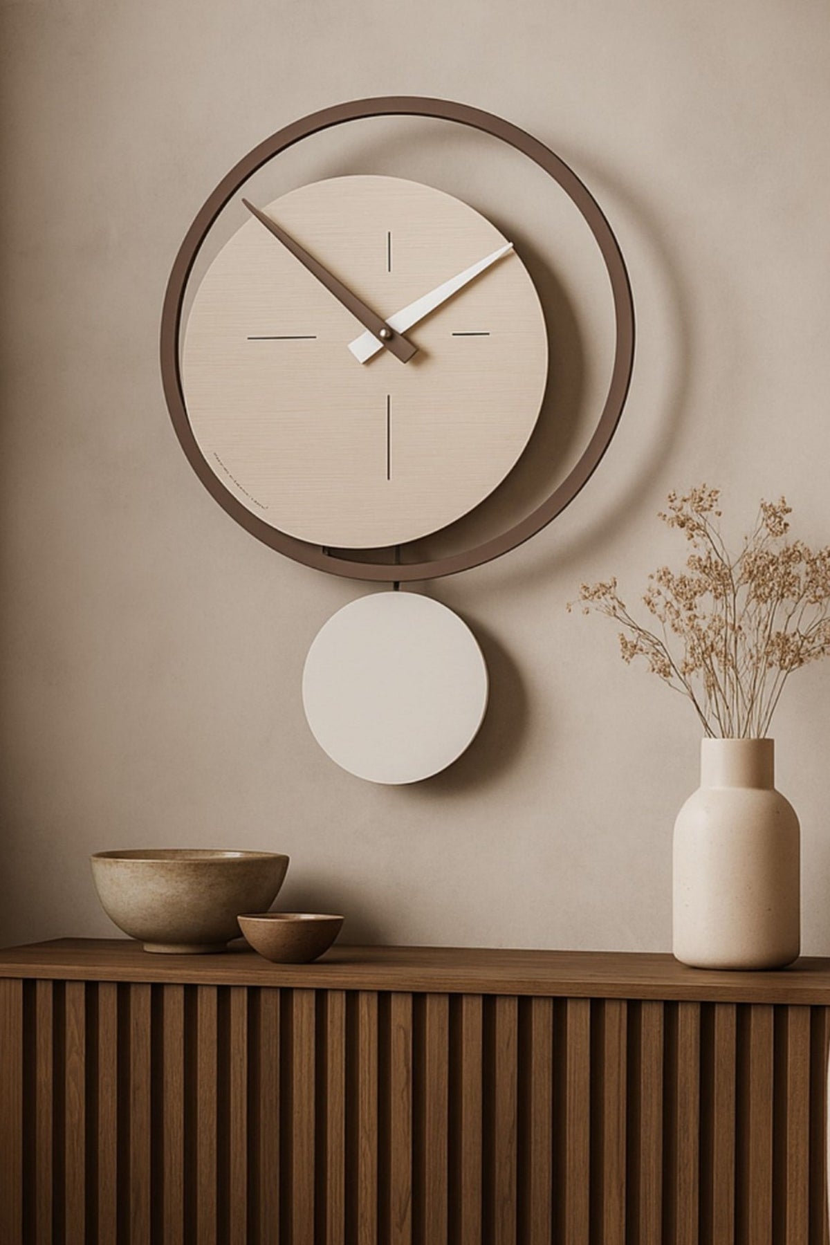 CalleaDesign Eclipse pendulum clock in Pickled Oak finish in a contemporary interior