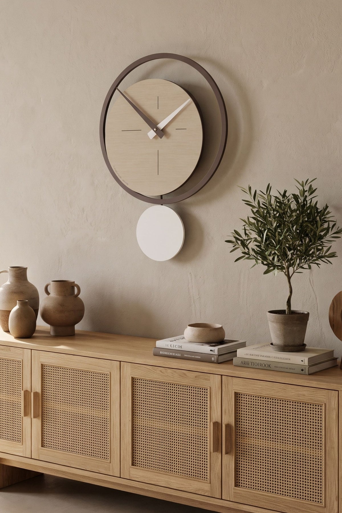CalleaDesign Eclipse pendulum clock in Pickled Oak finish in a modern living room