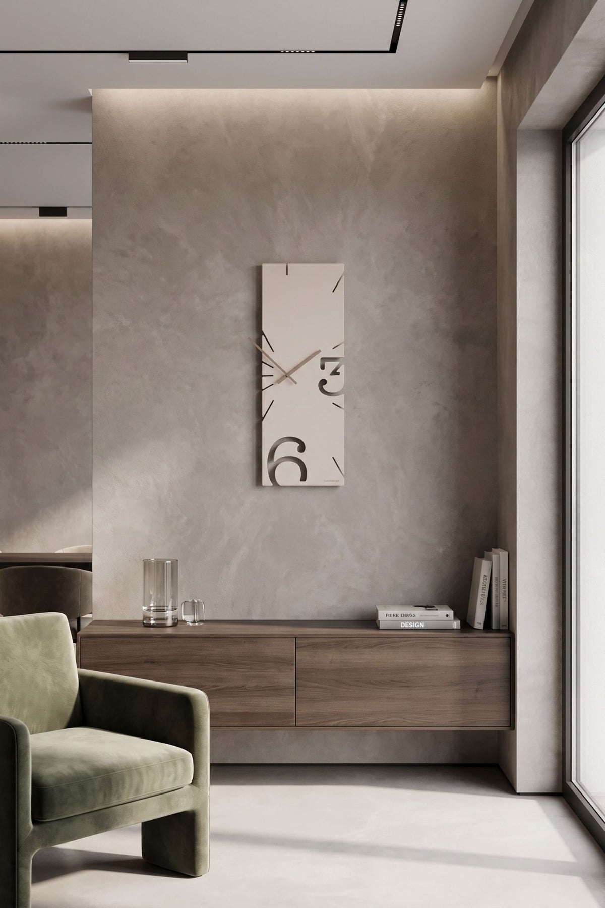 CalleaDesign Greg wall clock in Dove Grey on a contemporary living room wall