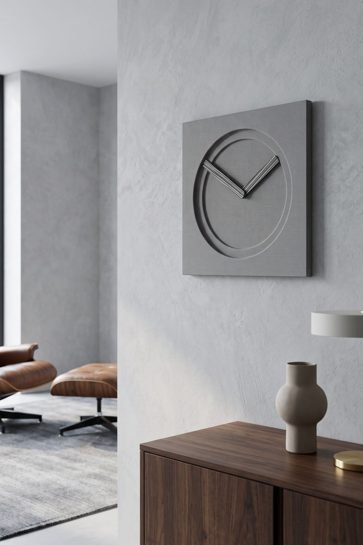 KAM 2 Limited Edition grey textile wall clock with reconstructed-grain wood hands in a modern interior
