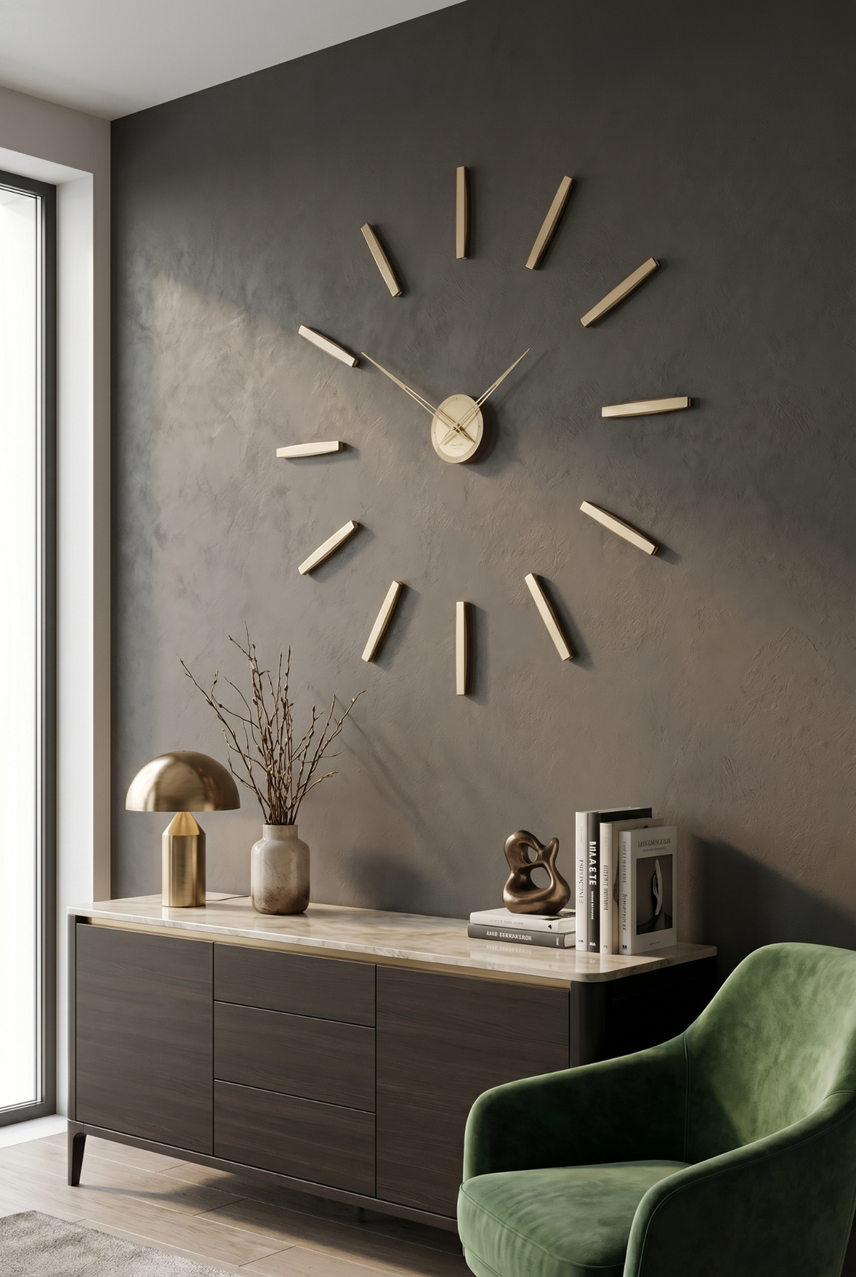 CalleaDesign gold wall clock on a dark wall in a refined contemporary interior