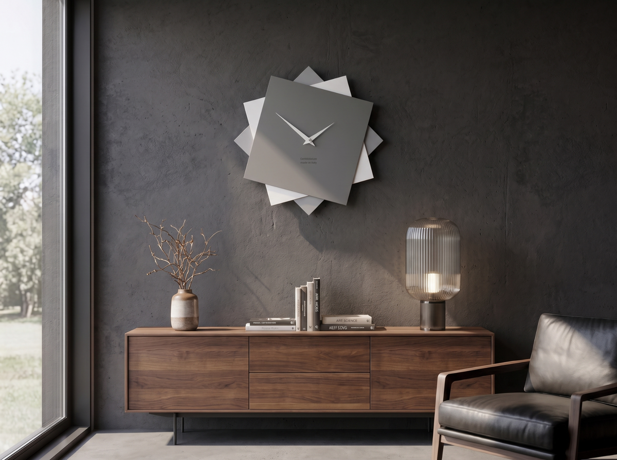 Sculptural CalleaDesign wall clock displayed as a focal point in a contemporary interior