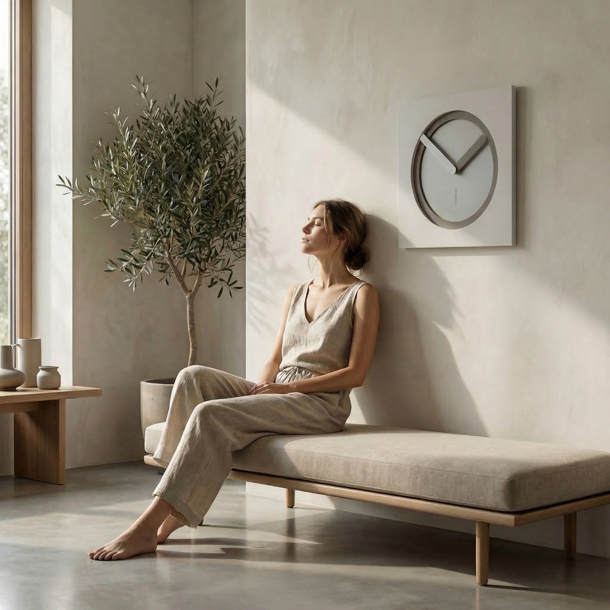 CalleaDesign wall clock in a calm light-filled interior with natural materials