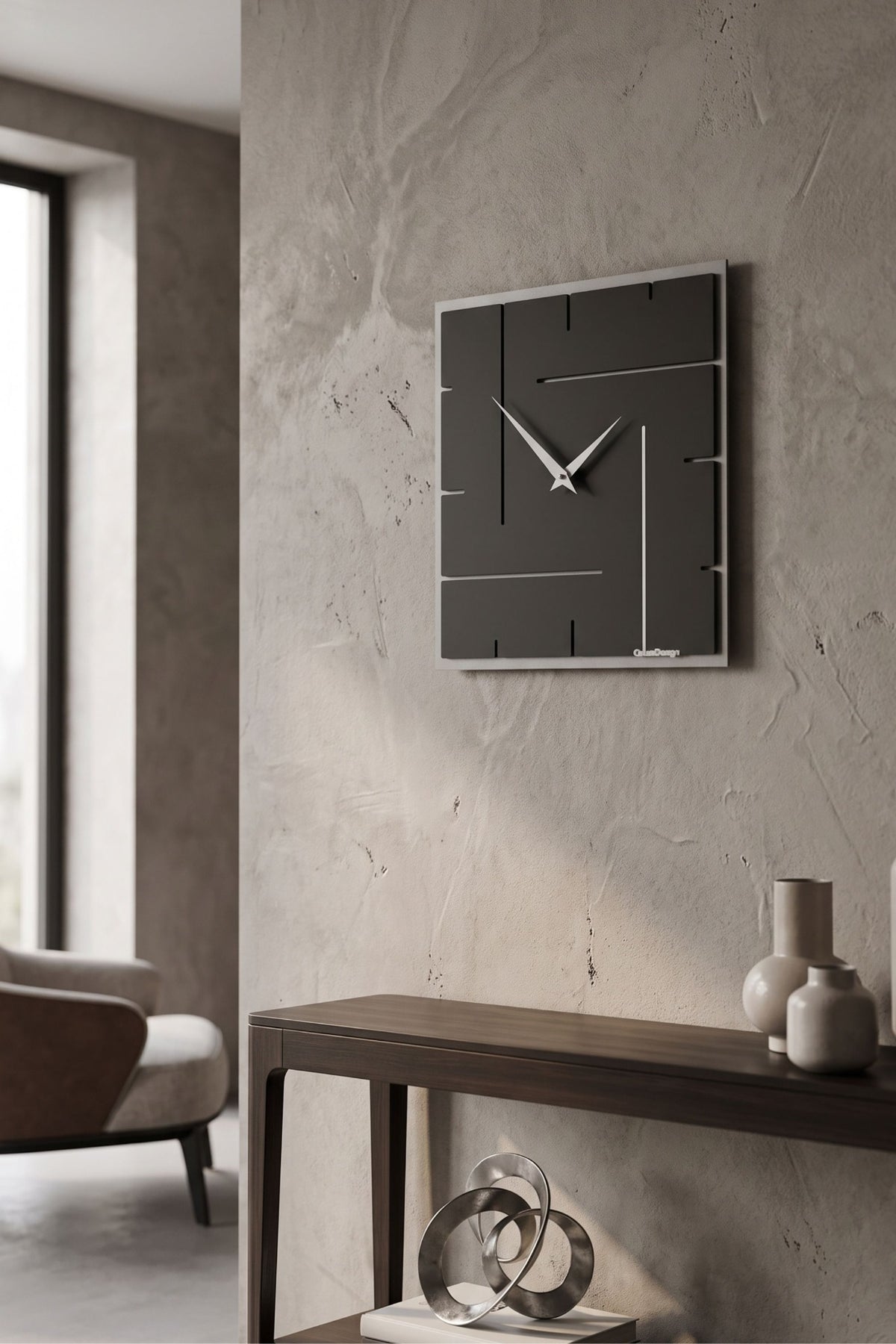 CalleaDesign Grid wall clock in Black above a contemporary console