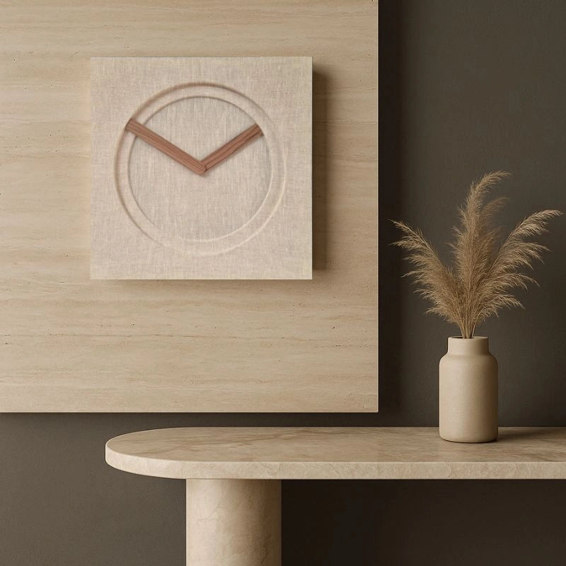 KAM 1 Limited Edition linen and Canaletto walnut wall clock in a warm contemporary interior