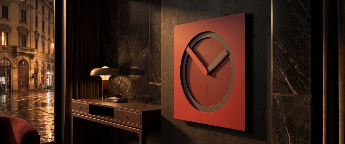 KAM designer wall clock in a warm luxury interior by CalleaDesign