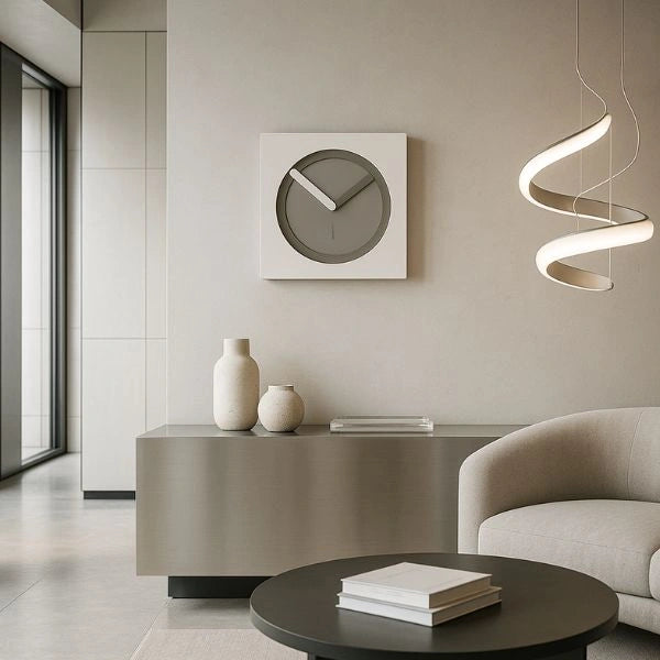 KAM Nebbia wall clock in a light contemporary living room with neutral furnishings