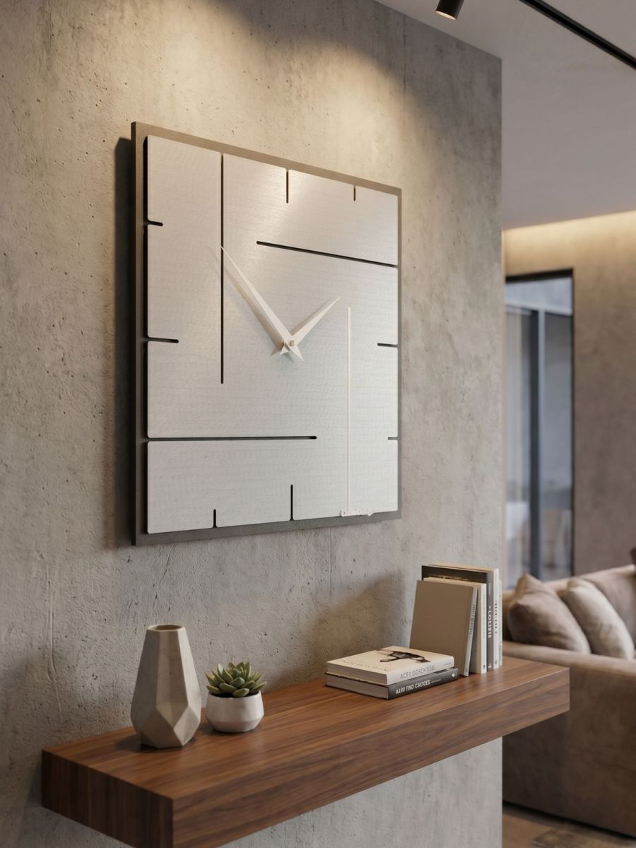 Moderne Wanduhr Grid von CalleaDesign mit quadratischer Form und grafischen Linien, dekoriert in einem eleganten Wohnraum
